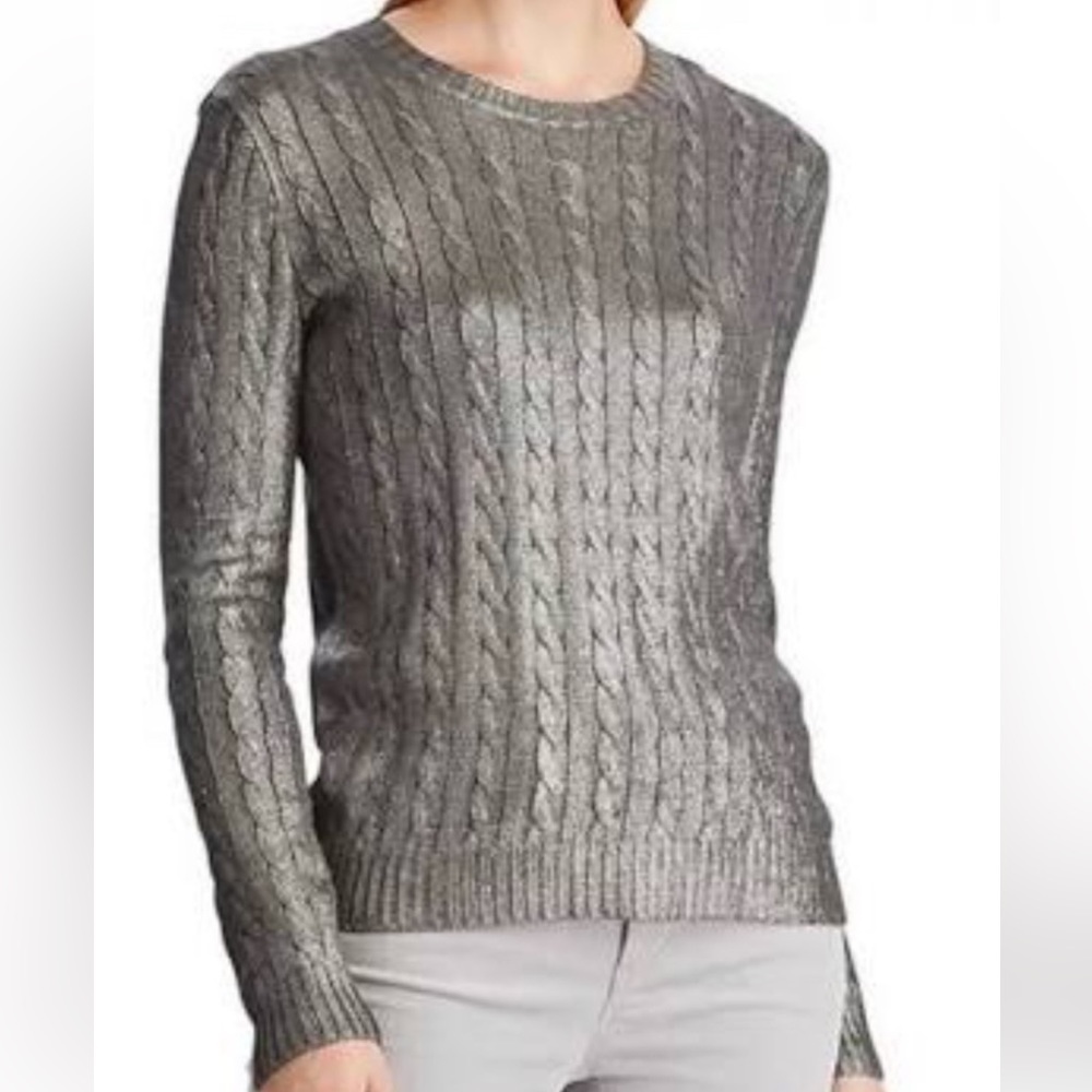 LAUREN RALPH LAUREN Silver Metallic Cable Knit Sweater Boat Neck M Quiet Luxury